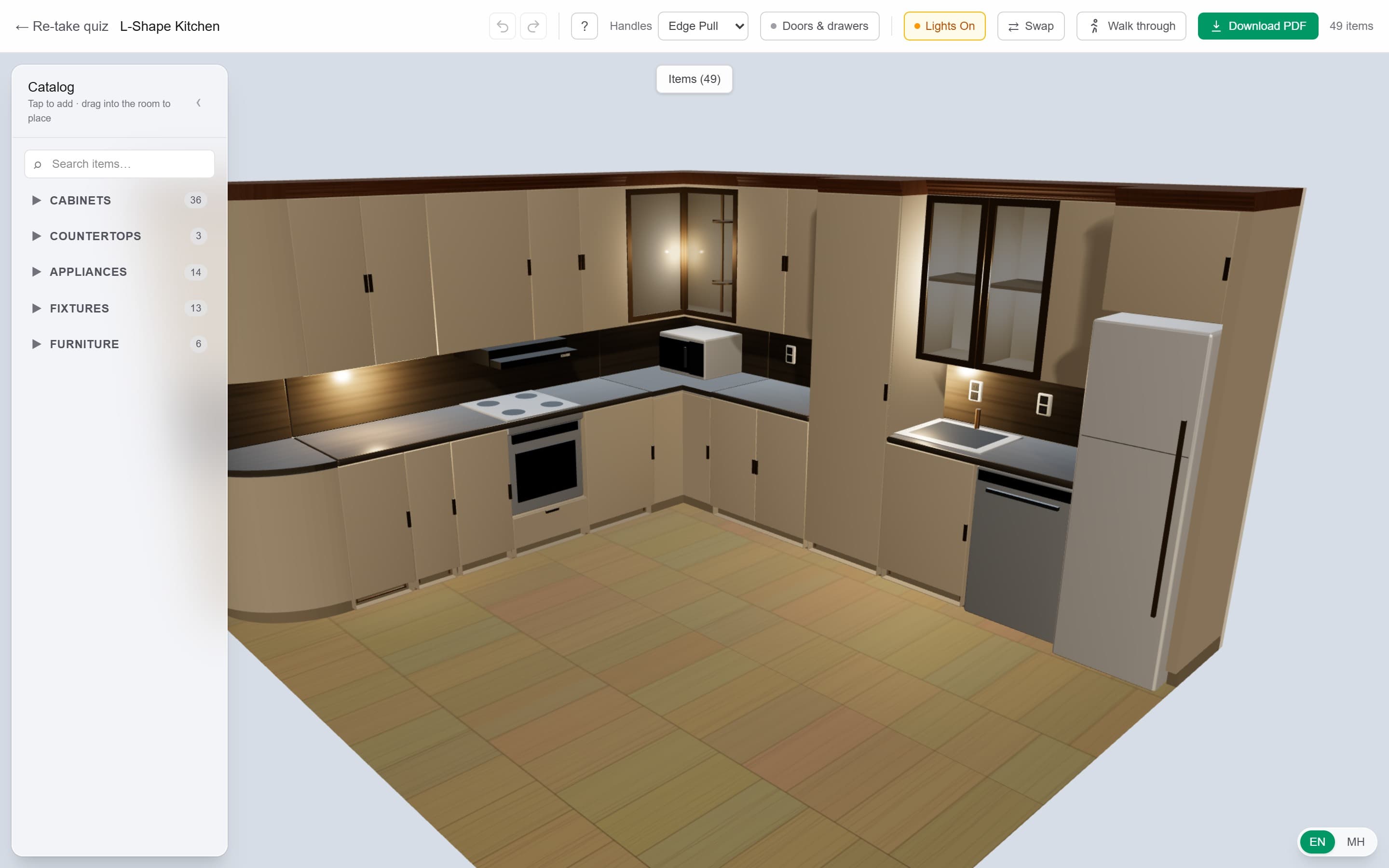 Quiet-luxury kitchen generated in the 3D designer — lit glass uppers, cornice, conforming worktops.
