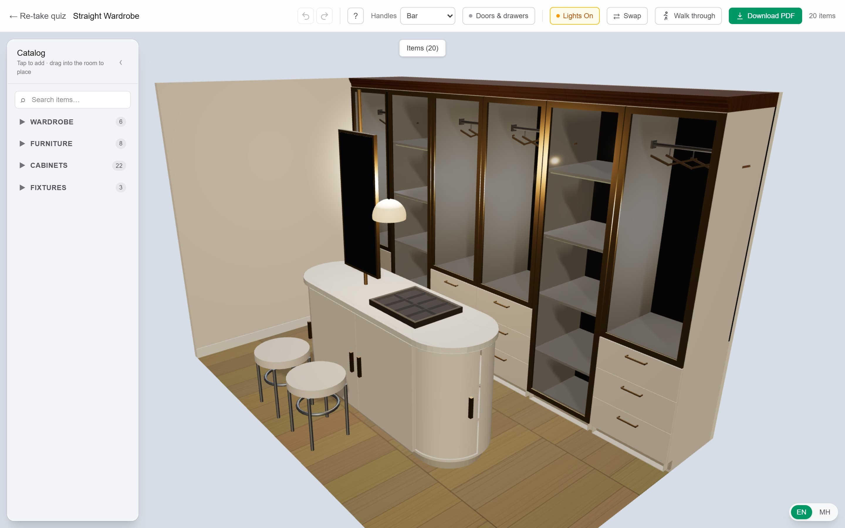 Display wardrobe with lit glass columns and curved vanity island.
