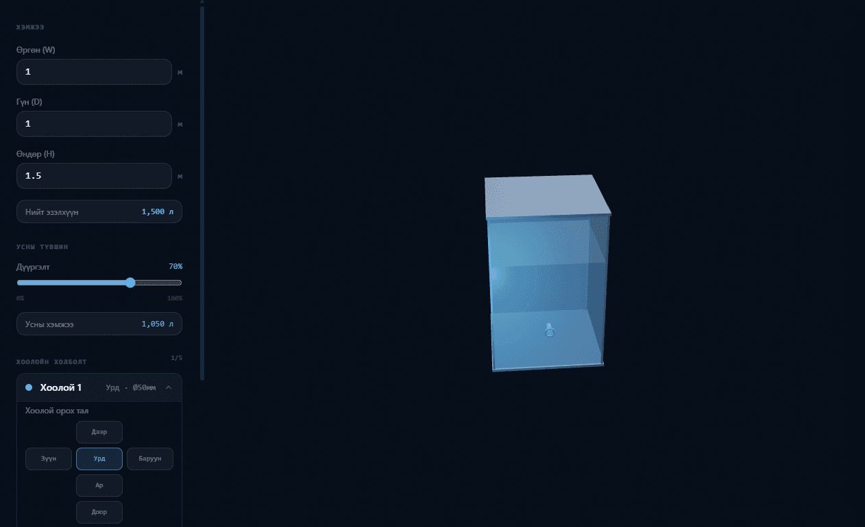 3D reservoir configurator with parametric controls.