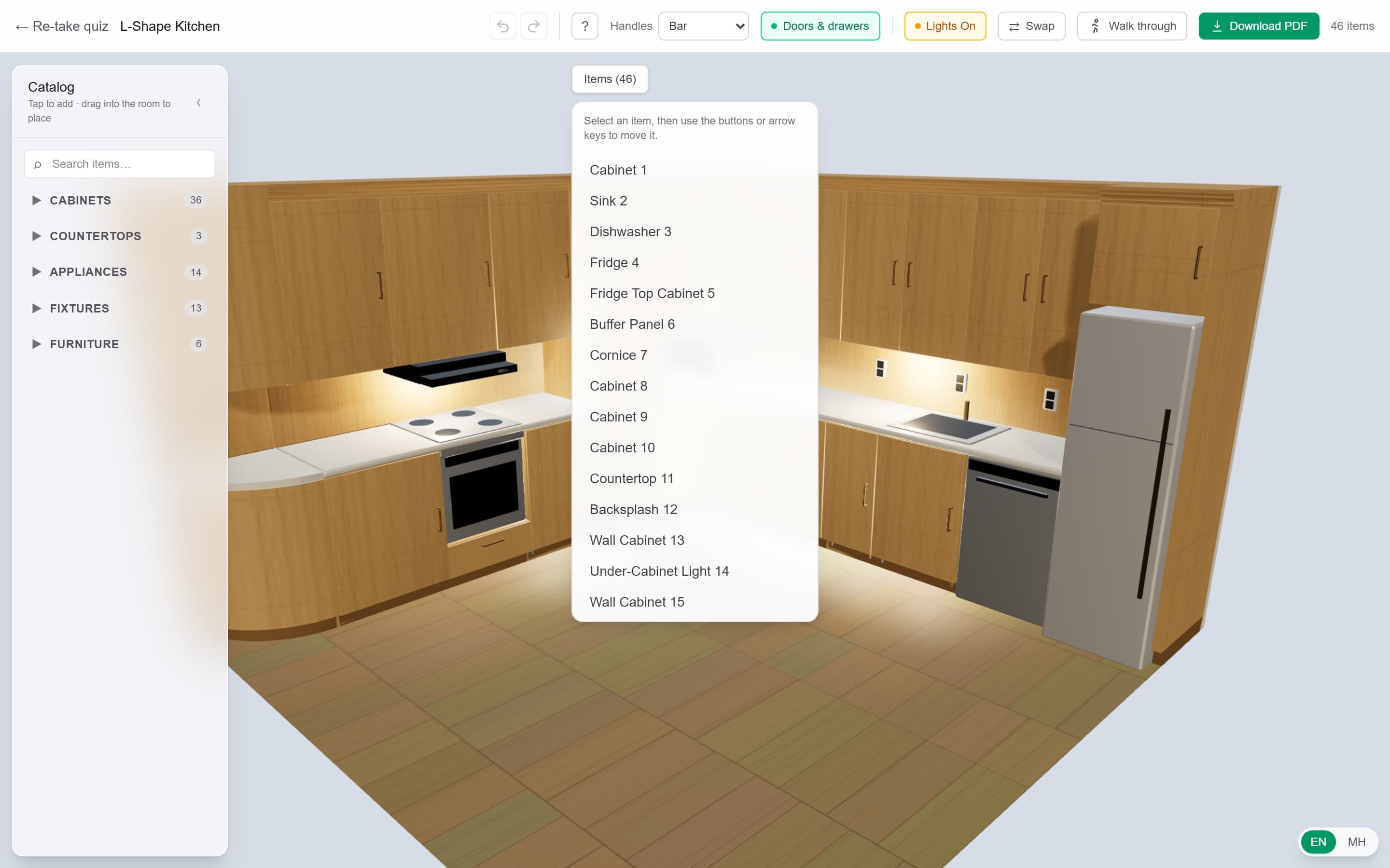 The designer's item register open over a generated kitchen